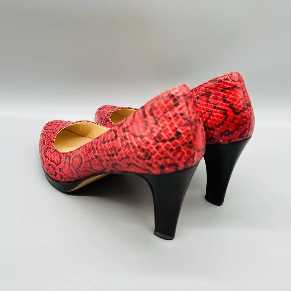 Cole Haan Shoes Women 9 Red Leather Snake Print Cone Heel Pump Round Toe Slip On